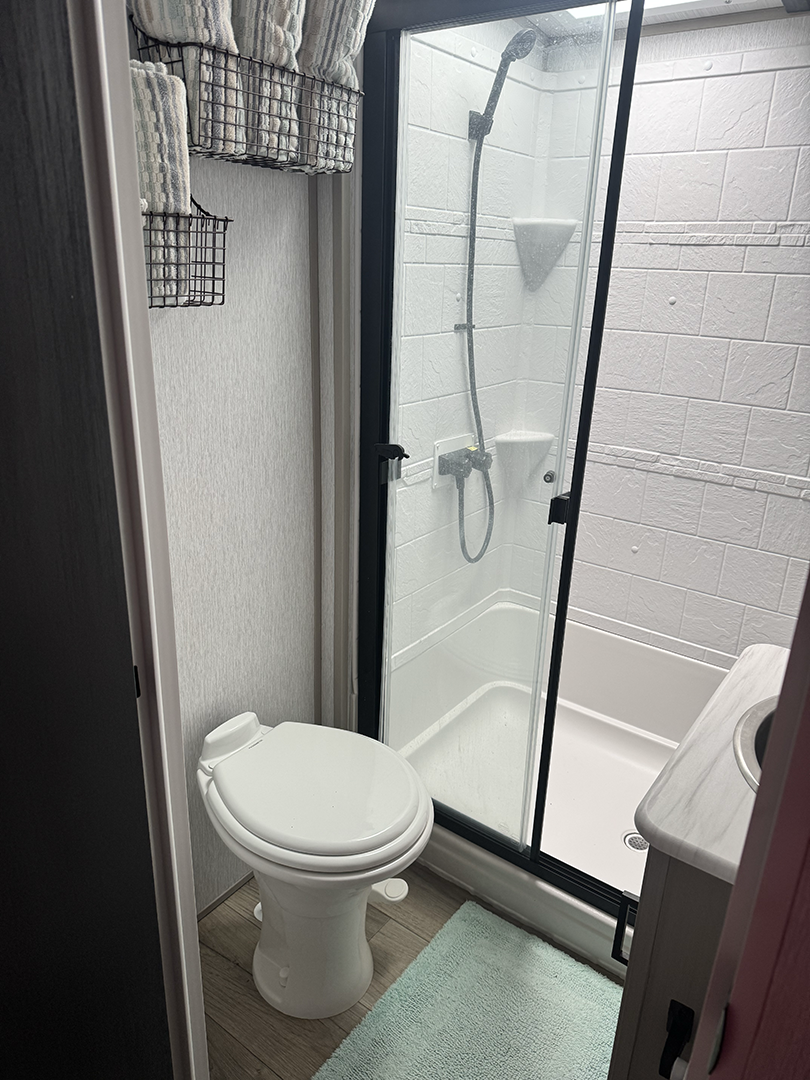 Small bathroom with a toilet and a glass-enclosed shower; mint bath mat on the floor and towels on a wall rack above.