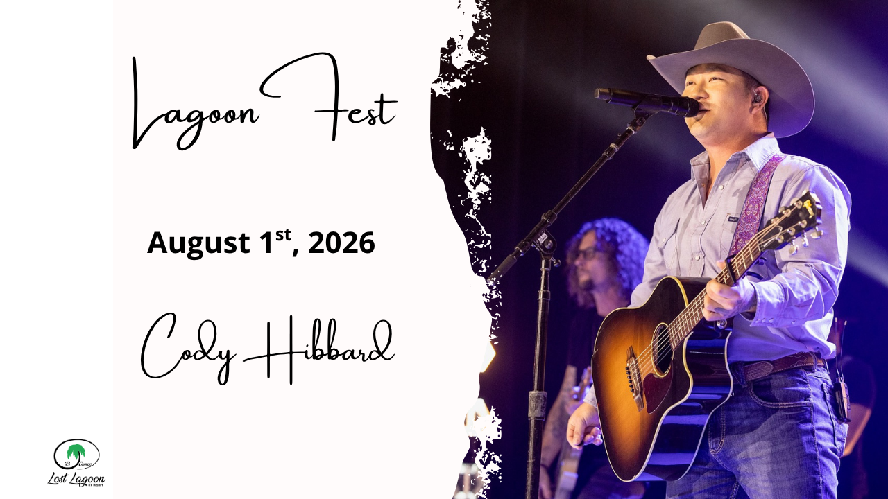 Lagoon Fest poster showing date August 1, 2026 and artist Cody Hibbard; guitarist on stage on the right.