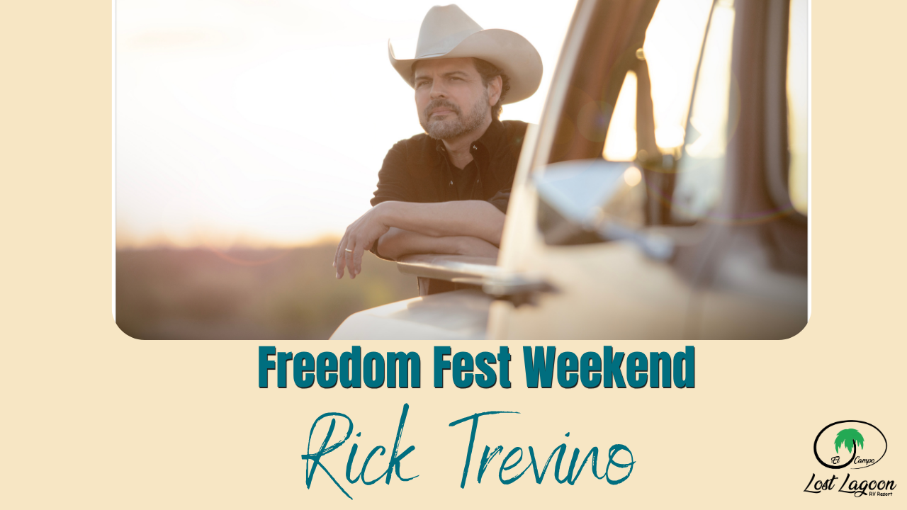 Promotional poster: Freedom Fest Weekend with Rick Trevino at Lost Lagoon RV Resort, featuring a man in a cowboy hat leaning on a vehicle at sunset.