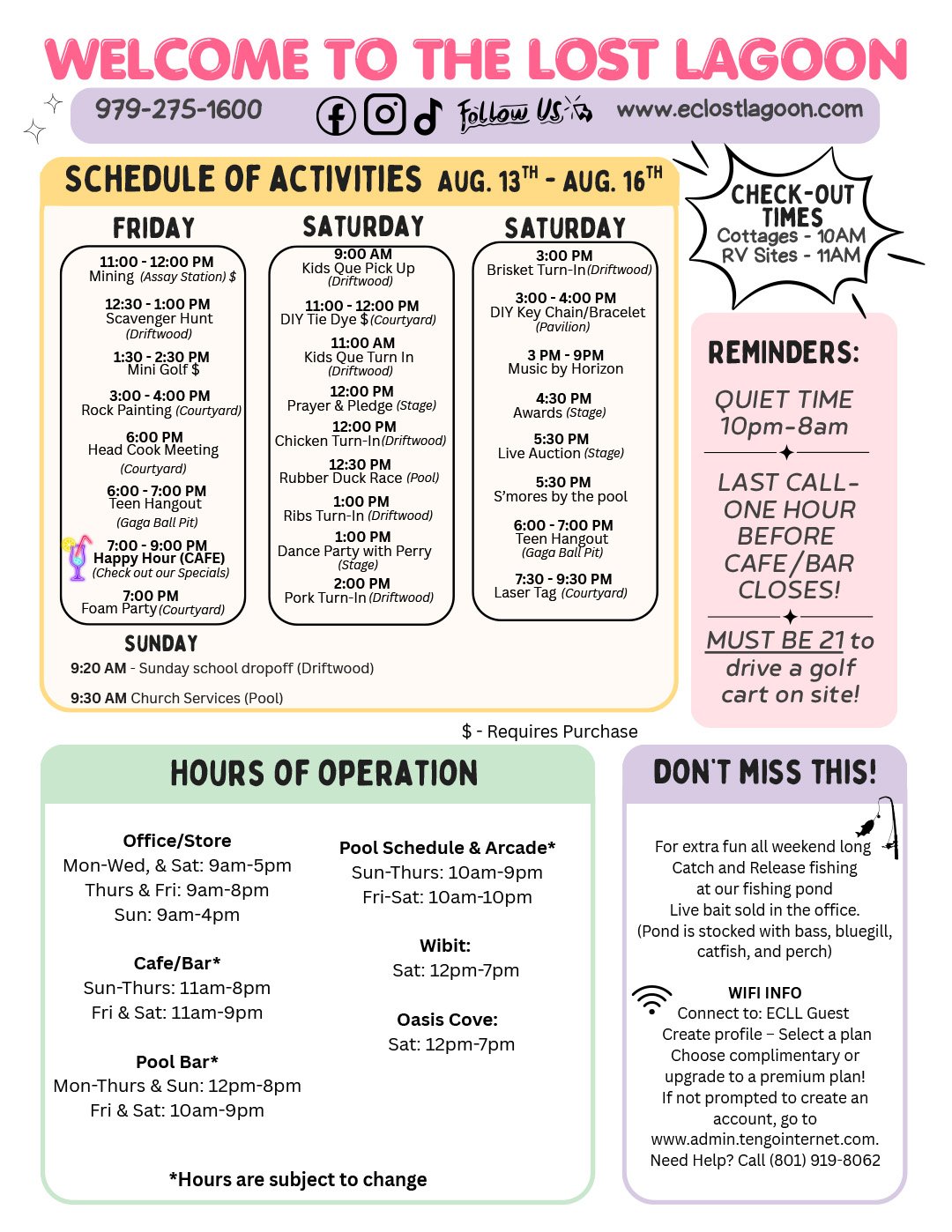 Poster advertising Lost Lagoon with weekend activity schedule, hours, check-out times, and reminders (informational/seasonal event flyer).