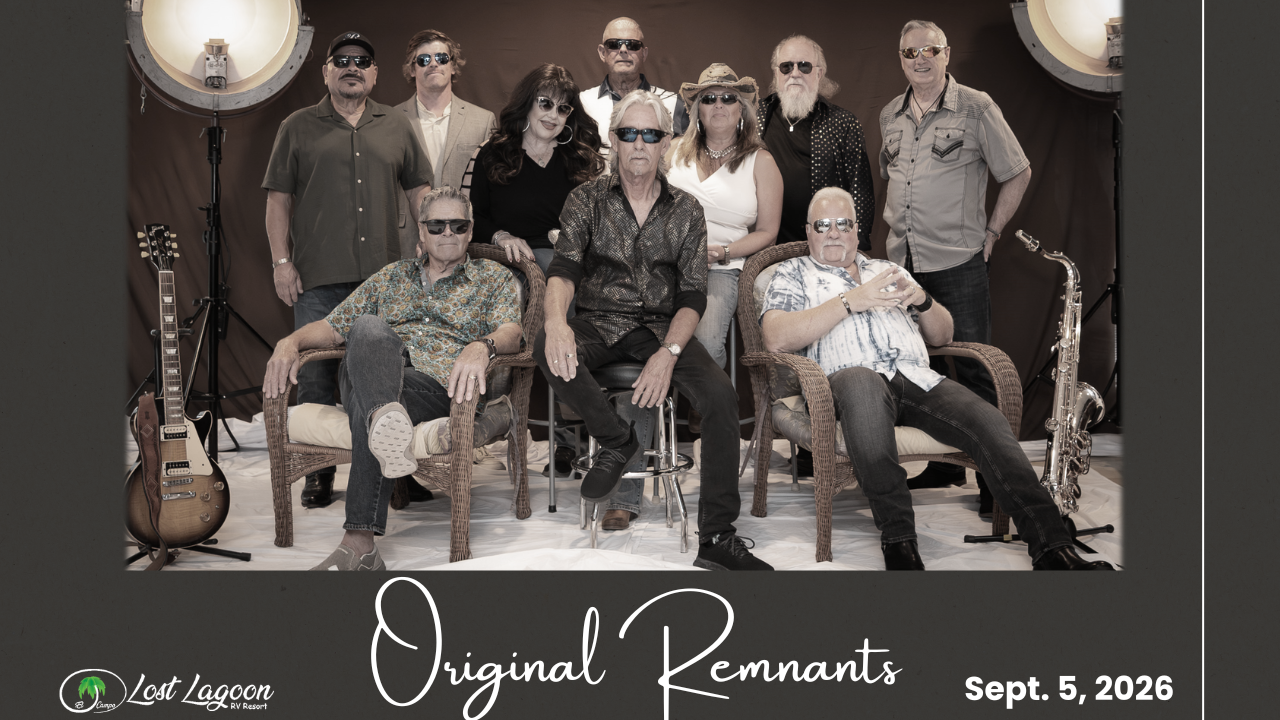 Promotional group photo of the band Original Remnants posing in a studio with guitars and a saxophone, for a Lost Lagoon RV Resort event poster dated Sept. 5, 2026.